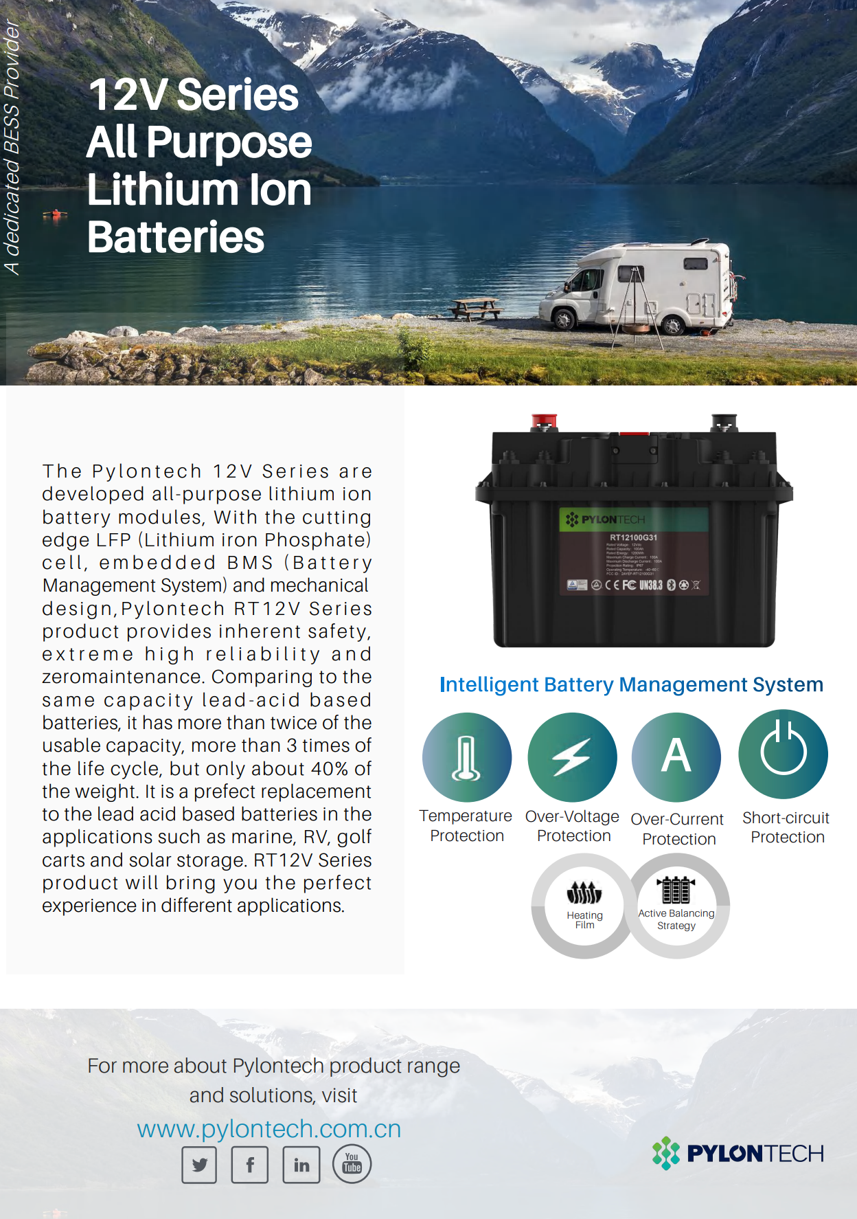 BATTERIE AU LITHIUM 12V 100A AUTOCHAUFFANTE ET AVEC BLUETOOTH DE PYLONTECH