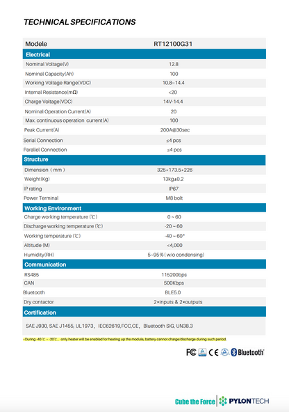 BATTERIE AU LITHIUM 12V 100A AUTOCHAUFFANTE ET AVEC BLUETOOTH DE PYLONTECH