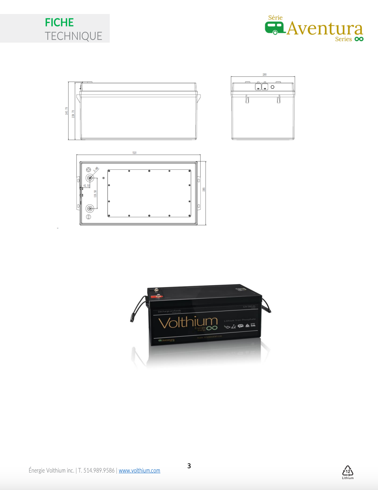 BATTERIE AVENTURA 12V 300AH DE VOLTHIUM